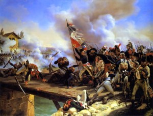 Crossing the Bridge at Arcole. In reality Napoleon was behind his lines. Public domain image from Wikipedia.