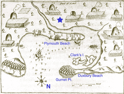 Map of Region by Samuel de Champlain, 1605 Blue marks added. Star is site of settlement. Public domain image from Wikipedia.